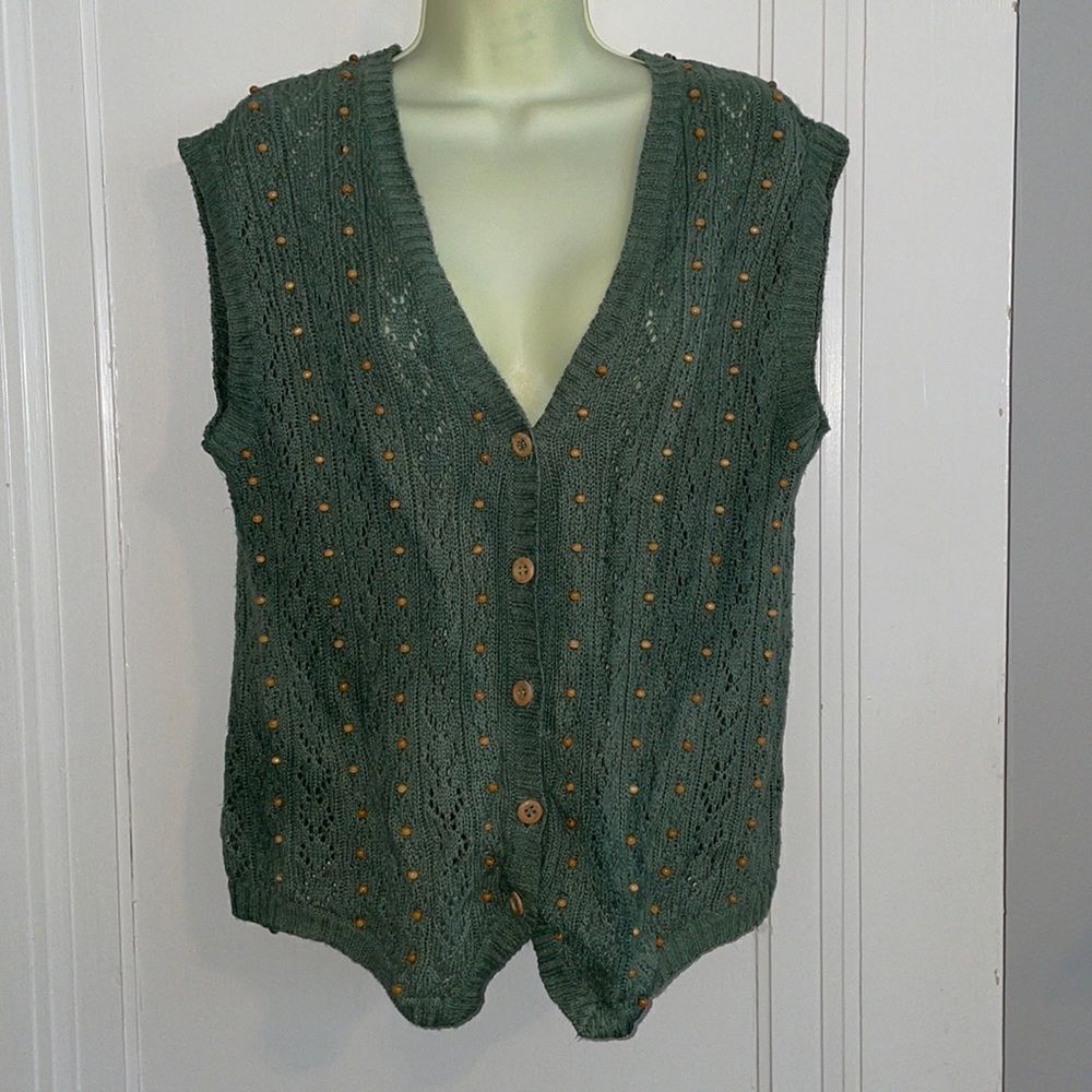 Vtg 80s/90s Cambridge Dry Goods‎ Company sage green wooden beaded sweater vest